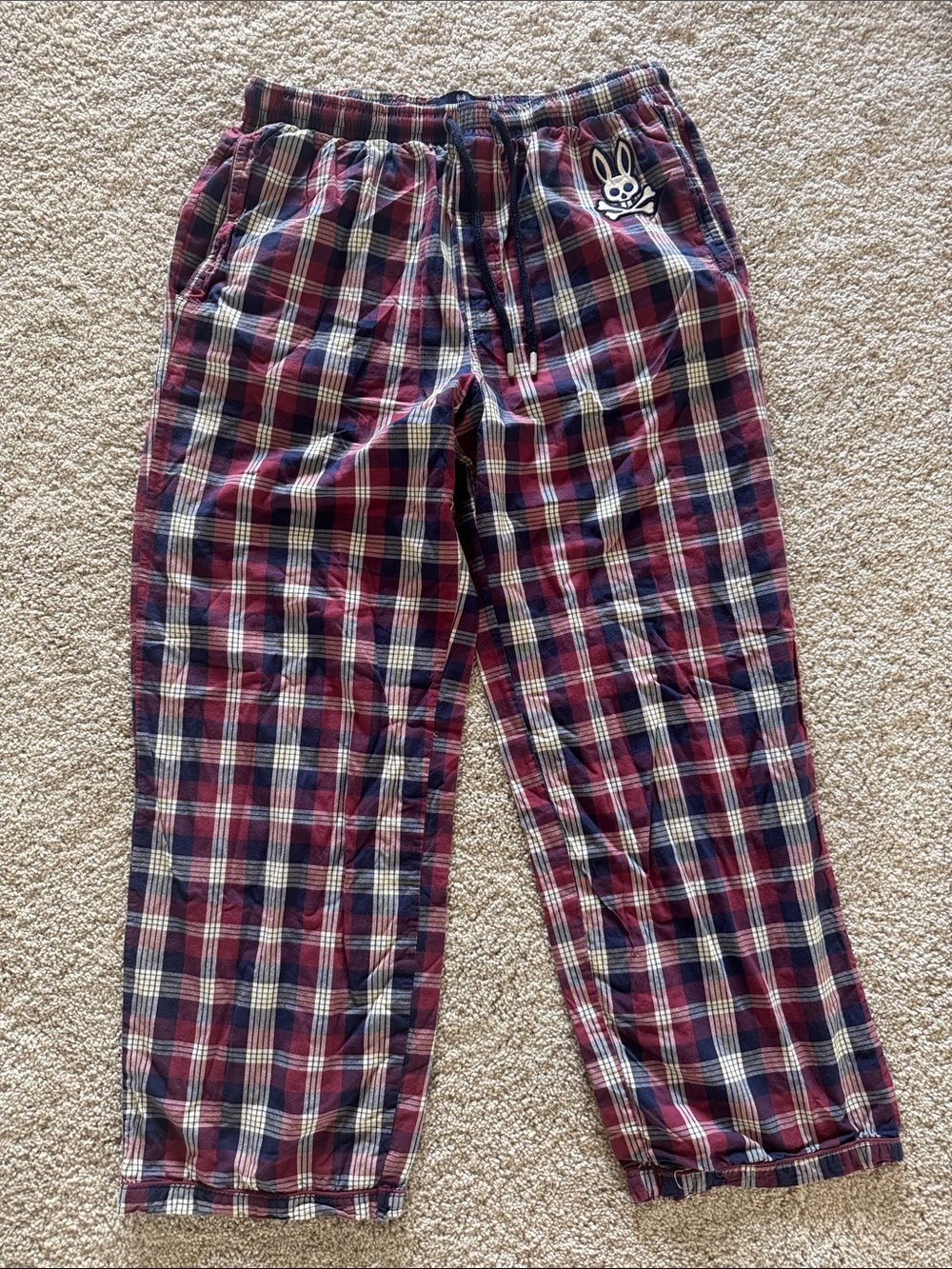 Psycho Bunny Plaid Lounge Pants Mens Large Patch Burgundy Navy Cotton